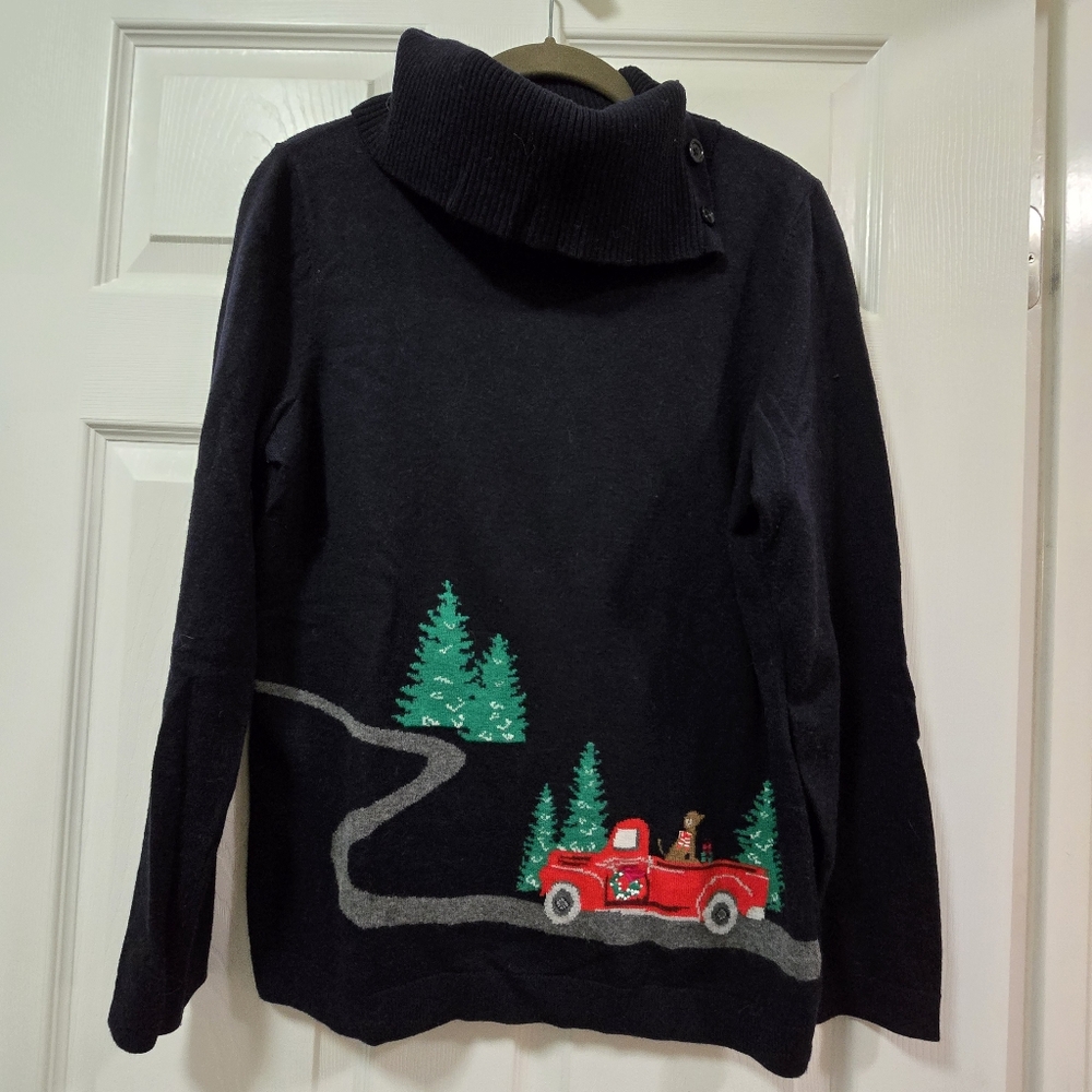 Talbots Womens Sweater DARK Blue Christmas Sweater Truck Lambswool Blend Navy M - Picture 3 of 11